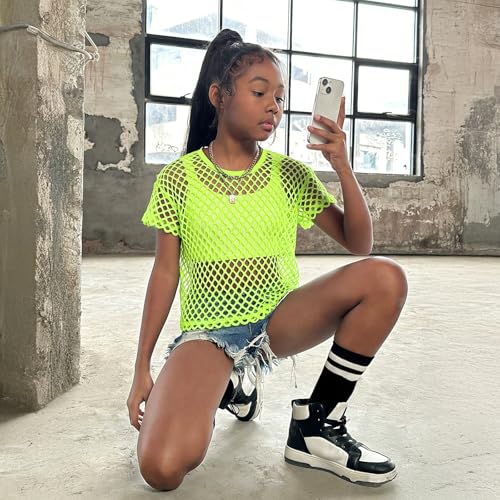 Neon Fishnet Crop Top | Girls' Sheer Mesh Hip Hop Dance Shirt