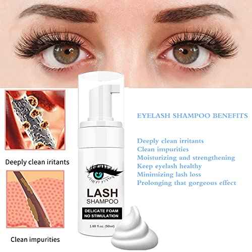 Lash Shampoo for Lash Extensions, Lash Fan with 50ml Eyelash Foam Cleanser and 50 Pcs Eyelash Brush and Rinse Bottle Oil Free/Sulfate Free Eyelash Wash Remover For Eyelash Extension Wash, Black