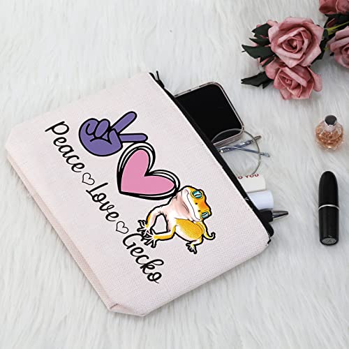 G2TUP Leopard Gecko Lover Gift Peace Love Gecko Makeup Bag Pet Lizard Lover Cosmetic Bag Reptile Gecko Owner Gift Travel Bag with Zipper (Peace Love Gecko White Bag)