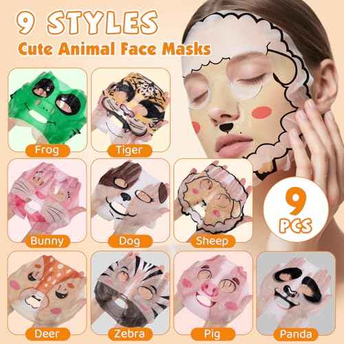 9 Pack Animal Face Masks Skincare for Kids, Bulk Sheet Hydrating Face Mask for Kids Skin Care, Collagen Face Mask for Teens Women, Christmas Gifts, Spa Party Gifts for Teen Girls