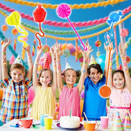 48PCS Candy Land Party Favors - 24PCS Temporary Tattoos & 24PCS Stick Hands Party - Perfect Birthday Party Supplies, Goodie Bag Stuffers, Treasure Box Toys, Classroom Prizes, and Student Gifts