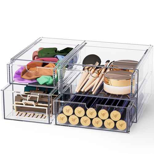 Noverlife Acrylic Hair Accessories Organizer with 4 Drawers, Clear Storage Drawers for Organizing Hair Ties/Jewelry/Sunglass, Stylish Make up Organizer Display & Office Bathroom Desktop Storage Case