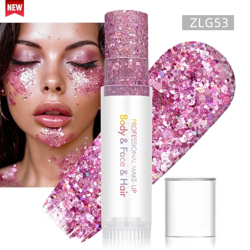 3 Pcs Body Glitter Stick, Holographic Sparkly Shimmer Face Glitter Gel Makeup for Face Body Hair Eyes & Lips, Halloween Chunky Glitter Sparkling Mermaid Sequins (White, Silver, Pink)
