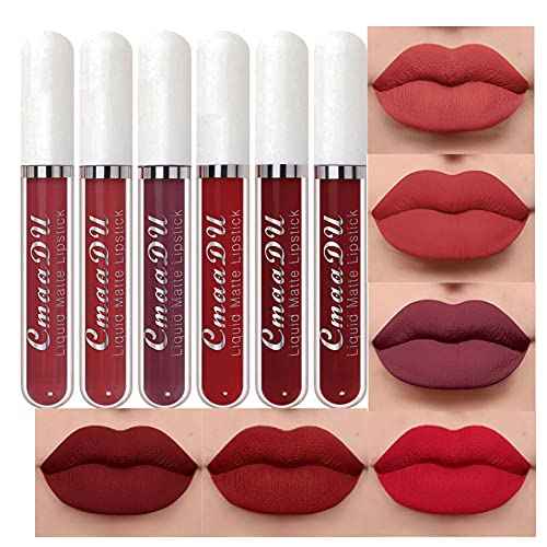 evpct 6Pcs Lipstick Matte Liquid Lipstick Lipgloss Set for Women, Dark Deep Bright Ruby Sexy Brick Red Mauve labiales mate 24 horas originales matte larga duracion 24 Hour Lipstick Long Lasting