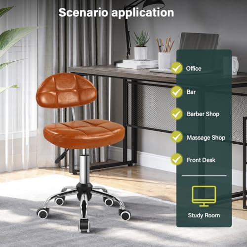 Square Minimalist Swivel Stool with Wheel for Work SPA Shop Massage Height-Adjustable and Cost-Effective Rolling Stool Chair with Back (Orange-Brown)