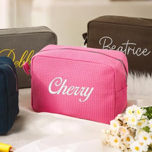Personalized Embroidered Waffle Cosmetic Bag - Custom Makeup Pouch