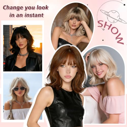 Haloo Reddish Brown Short Wavy Bob Wig with Bangs - 14 Inch Synthetic Hair for Women
