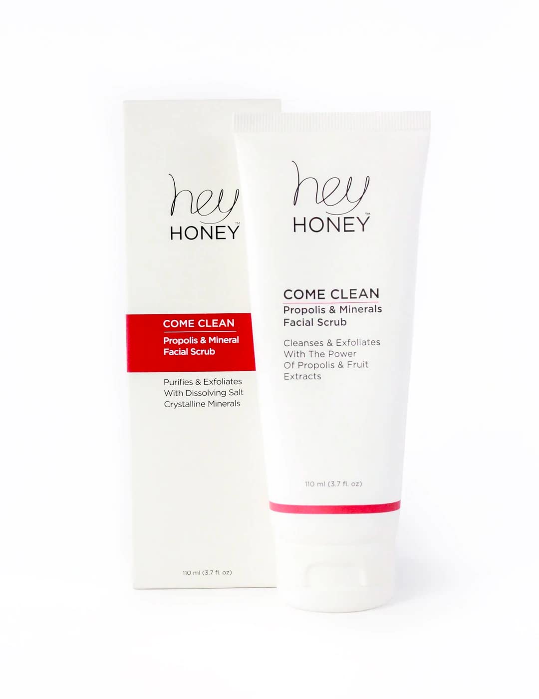 Hey Honey, Come Clean Propolis & Mineral Facial Scrub. Rich, Exfoliating, Dead Sea Salt Scrub designed to be gentle enough for even the most sensitive skin. 110ml