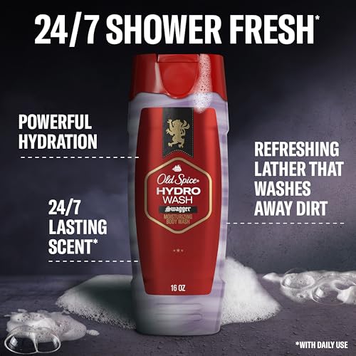 Old Spice Moisturizing Body Wash for Men, Hydro Wash, 2-in-1 Long Lasting Scent & Deep Hydration, 24/7 Shower Fresh, Smoother Swagger Scent, 16 oz (Pack of 4)