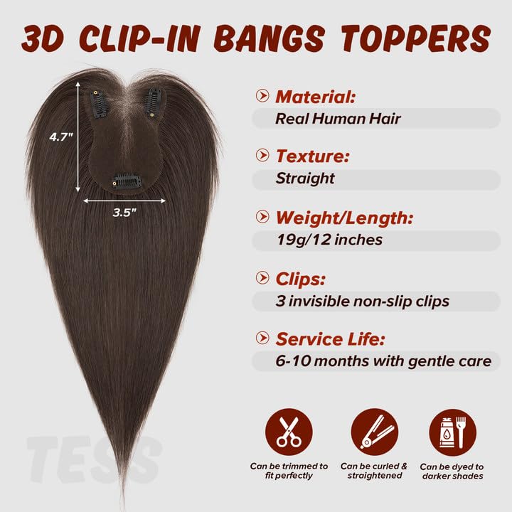 TESS Clip-In Human Hair Topper with Side Bangs - 12" Dark Brown
