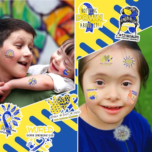 Landhoow 240 Pcs Down Syndrome Awareness Tattoos Temporary Glitter Blue Yellow Ribbon Stickers Boys Girls Tattoos Body Stickers for Prevention of Down Syndrome Favor Charity Campaign Supplies