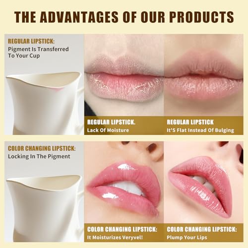 Transferproof Color Changing Lipstick, Gold Crystal pH Color-Changing Lipstick 24 Hours Long Lasting & Moisturizing Lip Gloss for Lip Balm, Clear Lip stick for Women, Birthday Galentines Day Gifts