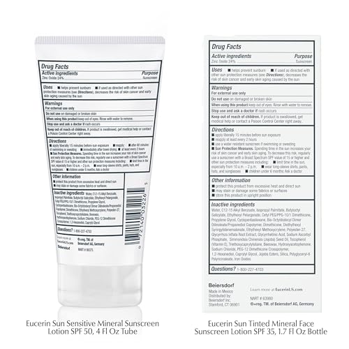 Eucerin Sun Sensitive Mineral Sunscreen Lotion SPF 50, Hypoallergenic, Fragrance Free Sunscreen with Zinc Oxide Protection, 4 Fl Oz Tube