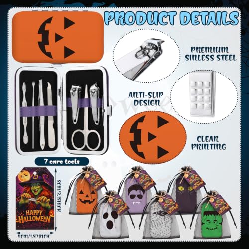Halloween Manicure Set Gifts Bulk - 12 Complete 7-in-1 Nail Care Kits with Bag & Card