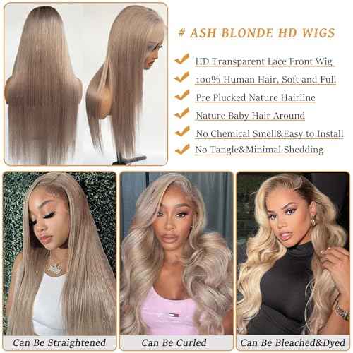 Smavida Straight Ash Blonde 13X6 HD Lace Front Wigs Human Hair for Women 24 Inch Colored Ash Blonde Deep Parting Glueless Lace Frontal Wigs 180% Density Pre Plucked with Baby Hair