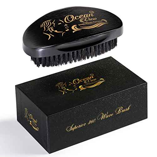 Ocean View Pomade with Wooden Palm Brush for Men - Medium Firm Bristles for 540 and 720 Waves, Contoured for Control with Thumb Indentations