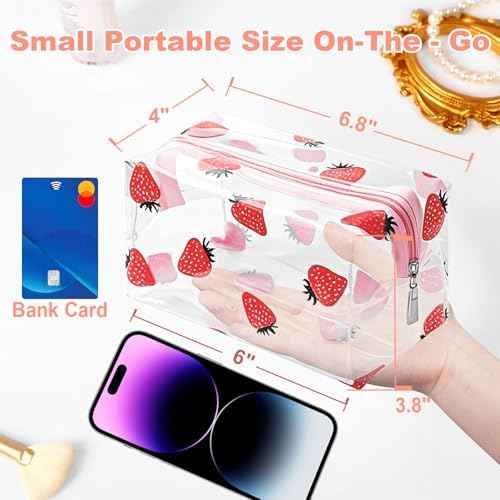 Clear Makeup Bag, Small Clear Toiletry Bag for Travel, Cosmetic Makeup Organizer Bags with Zipper, Plastic PVC Pouch Transparent Zip for Purse Reusable TSA Approved Quart Size (Strawberry)