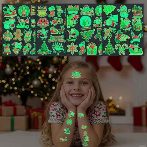Luminous Christmas Temporary Tattoos for Kids - 53PCS Christmas Glow in The Dark Tattoos Stickers for Boys and Girls,Christmas Party Favors, Supplies, Decorations for Kids Stocking Stuffers and Gifts
