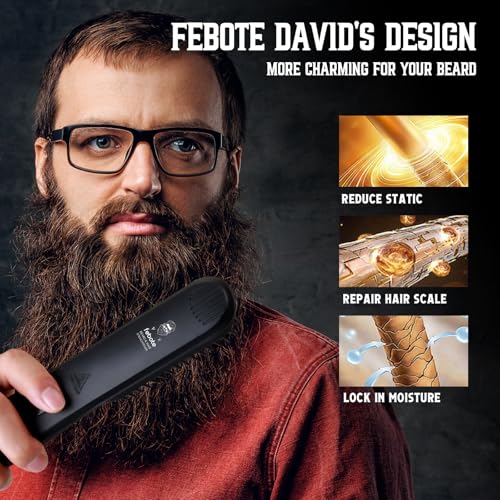 Heated Ionic Hair Straightening Brush for Men - 5 Temperature Settings, Anti-Scald, Beard Shaper & Travel Bag