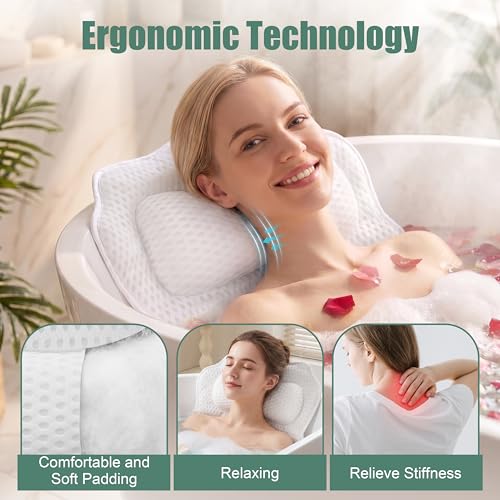 Bath Pillow with 6 Suction Cups - Ergonomic Neck Support