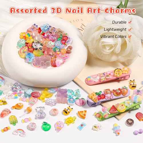 300PCS Kawaii Nail Charms Kit, 3D Animal & Candy Resin Charms for Acrylic Nails, Cute Bear Bee Fruit Nail Art Supplies with Tweezers for DIY Crafts & Shoe Decor