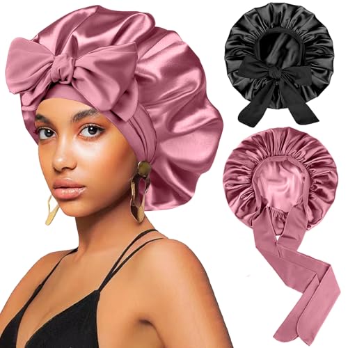 2-Pack Silk Satin Sleep Bonnets for Women - Adjustable Hair Wraps