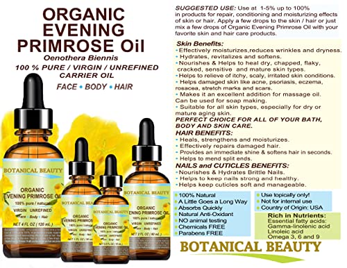 Botanical Beauty EVENING PRIMROSE OIL 100% Pure Natural Undiluted Unrefined Virgin Cold Pressed Carrier Oil. 0.5 Fl.oz.- 15 ml for face, skin, hair, nails