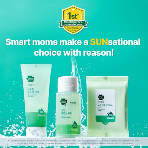 GREEN FINGER Mild Sun Cleansing Tissue 30 Count (6 Packs of 5), Gentle Baby Wipes for Sensitive Skin, Removes Sunscreen Easily, Natural Organic Makeup Remover Wipes with Aloe Vera, Korean Skincare