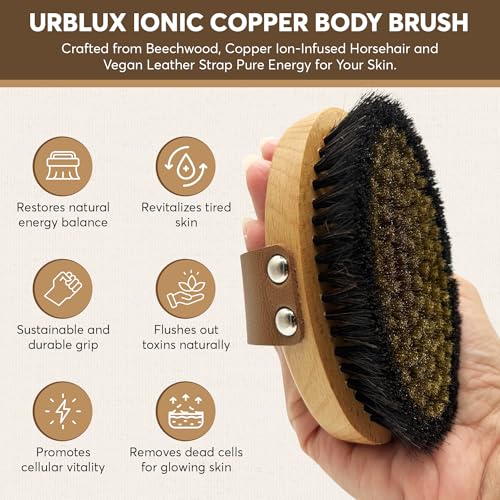 Copper Body Brush for Dry Brushing ? Natural Ion Infused Exfoliating Spa Brush for Lymphatic Drainage, Cellulite Massage & Smooth, Glowing Skin