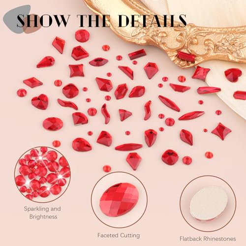 1680Pcs Red Glass Nail Rhinestones 180Pcs Multi Shapes Flatback Gems Crystal + 1500Pcs 1.5-4mm Round Beads with Rhinestones Glue Gel, Manicure Diomand Jewelry Gemstones for Nail Design Makeup