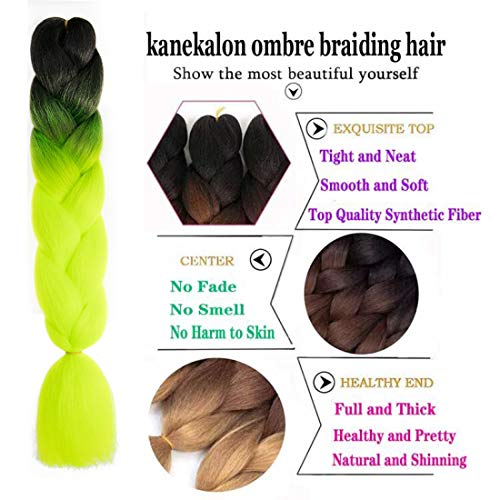 Xiaofeng Braiding Hair Extensions for Women 3 Packs 100g/Pack 24Inch High Temperature Ombre Jumbo Synthetic Braiding Hair for Twist Crochet Braids (24 Inch (Pack of 3), black-yellow green-3Pcs)