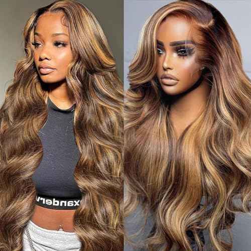 4/27 Honey Blonde Wig Human Hair 13x6 Ombre Lace Front Wigs Human Hair 22 Inch Long, Body Wave Balayage HD Lace Frontal Wig 13x6 Skunk Stripe Human Hair Wigs, 12A 100% Real Brazilian Wigs 180 Density