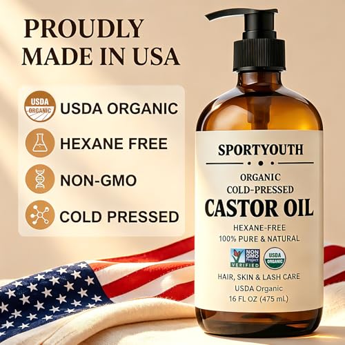 SPORTYOUTH Organic Castor Oil 16oz Cold Pressed with Pump - Pure & Natural