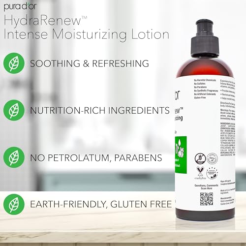 PURA D'OR HydraRenew Intense Moisturizing Lotion for Ultra Dry Skin ? Hand & Body Cream with Cocoa & Shea Butters, Hyaluronic Acid, GHK-Cu Copper Tripeptide-1, Marine Collagen, Plant Stem Cells, 16 oz
