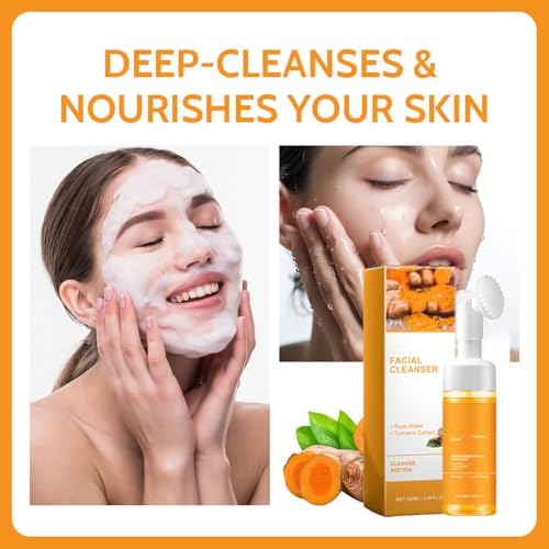 Turmeric Soap & Face Wash Set, Lemon Turmeric Kojic Soap Bar and Foaming Facial Cleanser with Brush Combo for Face & Body, Deep Cleansing Moisturizing