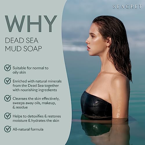 SEACRET Dead Sea Mud Soap Bar - Deep Pore Purifying & Refining Facial Cleanser with 21+ Minerals and Witch Hazel, Natural Exfoliating Spa Bar for Normal to Oily Skin, SLS-Free, Fragrance-Free, 4.4 oz