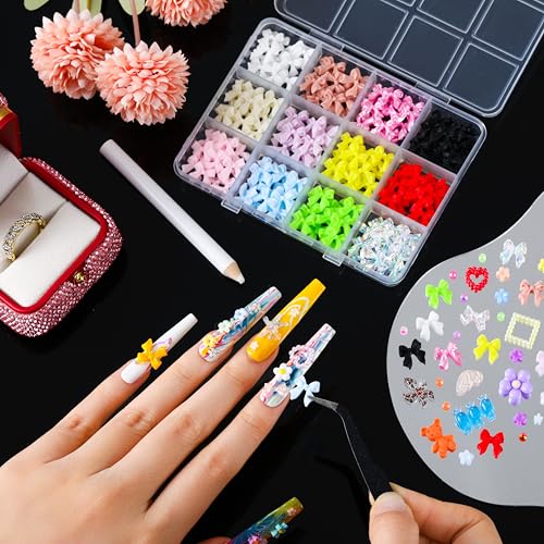 LERBOU 5-Box Nail Art Kit with 24-Color Resin Rhinestones Flowers & Bowknot Decorations