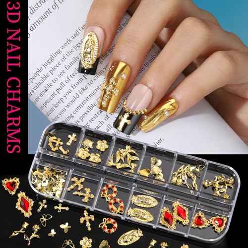 Teenitor Gold Nail Charms with Flatback Nail Pearls, 3D Nail Charms and Gems for Nail Art Design, Gold Pearls for Nails with Heart Star Cross Nail Charms, Nails Supplies Nail Accessories