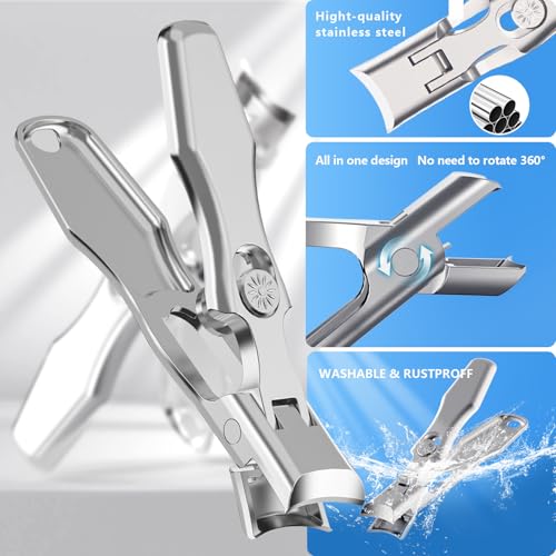 Nail Clippers Set, INXEN 2Pcs Wide Jaw Opening No Splash Fingernail Clipper with Catcher,German Toe Nail Clippers for Thick Nails for Seniors, Stainless Steel Travel Nail Kit Nail Cutter for Adult