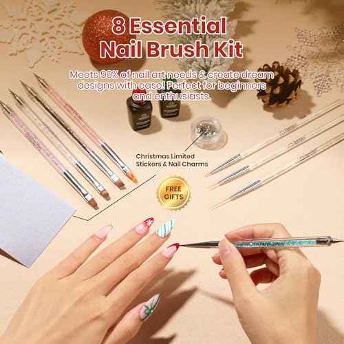 Beetles Christmas Nail Art Brushes 8pcs ? Crystal Christmas Nail Art Tools 5pcs Double-ended Nails Dotting Tool, 3pcs Striping Liner Brushes for Nails with Charms and Stickers Manicure Design Tools