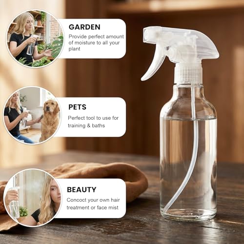 Hethyo 12oz Glass Spray Bottles - Refillable Mist & Stream Nozzle (2 Pack)