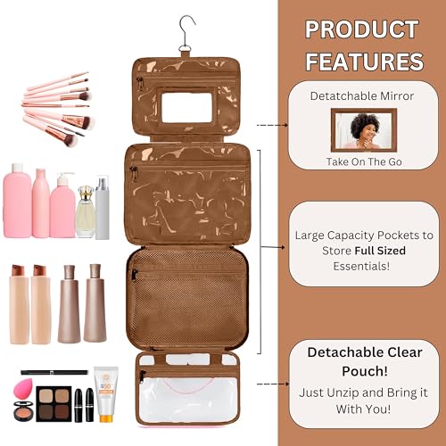 ESSENTE Women's Travel Toiletry Bag with Removable Pouch and Hanging Hook - Water Resistant Makeup Cosmetic Oraganizer with Multiple Compartments for Accessories (OFF WHITE FAUX LEATHER)