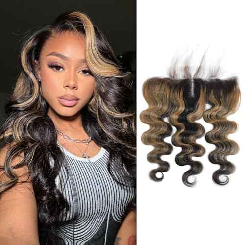 Honey Blonde Highlight Ombre 13x4 Lace Frontal Closure Only Human Hair Body Wave (150% Density, 18 IN), #27 Skunk Stripe Ear to Ear Lace HD Transparent Frontal Human Hair Pre Plucked Free Part