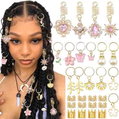 36PCS Pink Crystal Hair Jewelry Butterfly Braids Clips Flower Loc Jewelry Pearl Hair Charms Gold Hair Cuffs Rings Metal Dreadlock Beads Multi Style Braids Accessories for Women and Girls