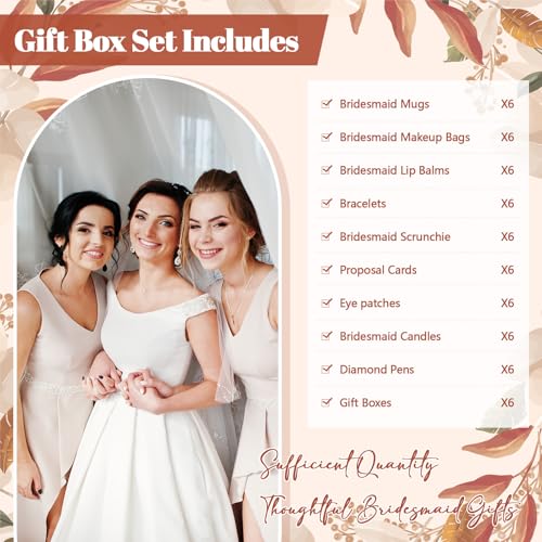 60 Pcs Bridesmaid Proposal Gift Set of 10 - Maid & Matron of Honor Box with Mug Makeup Bag Candle Lip Balm Hair Scrunchie Diamond Pens Bracelet Eye Mask Invitation Cards(Terracotta)