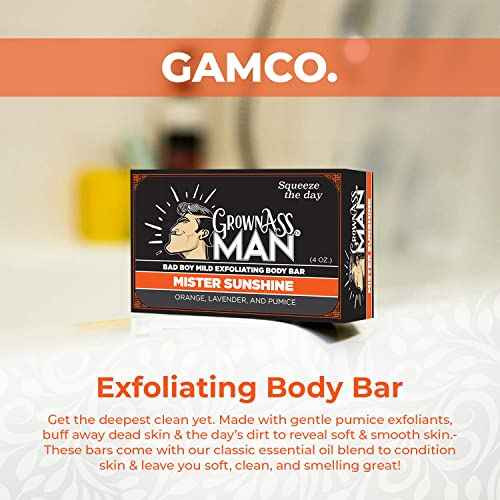 Grown Ass Man Co. Exfoliating Body Bars - Solid Soap with Natural Oils & Gentle Scrub - Plastic Free & Eco-Friendly, Natural & Organic for All Skin, 4oz Bar - Mister Sunshine - Mild Exfoliant, 6-Pack