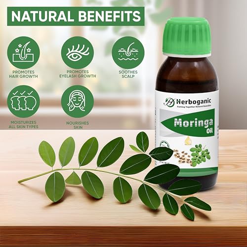 HERBOGANIC Natural Moringa Oil - Pure & Cold-Pressed - 2 oz. Bottle for Hair, Skin & Face - Moisturizes, Nourishes & Hydrates - Rich in Vitamin E & Antioxidants - Ideal for Massage & Aromatherapy¡¦¡¦