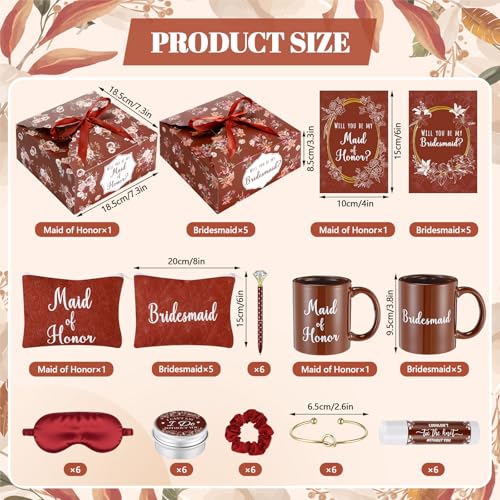 60 Pcs Bridesmaid Proposal Gift Set of 10 - Maid & Matron of Honor Box with Mug Makeup Bag Candle Lip Balm Hair Scrunchie Diamond Pens Bracelet Eye Mask Invitation Cards(Terracotta)