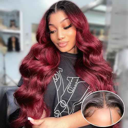 GABRIELLE 32 Inch Glueless Wig Body Wave Lace Front Human Hair Wigs 1B/99J Burgundy 5x5 HD Lace Closure Wigs 180 Density Pre Plucked Pre Cut Lace Virgin Human Hair Wigs for Women