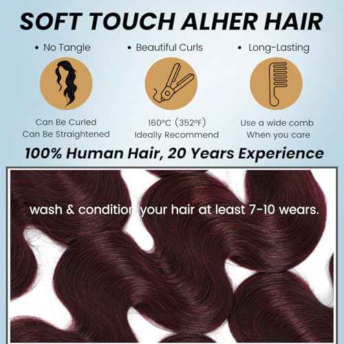 ALHER 99j Body Wave 1 Bundle Human Hair 22 Inch, 12A Dark Burgundy Wine Red Colored Wavy Bundles Sew In Weave for Black Women, Soft Thick 100% Unprocessed Virgin Remy Hair